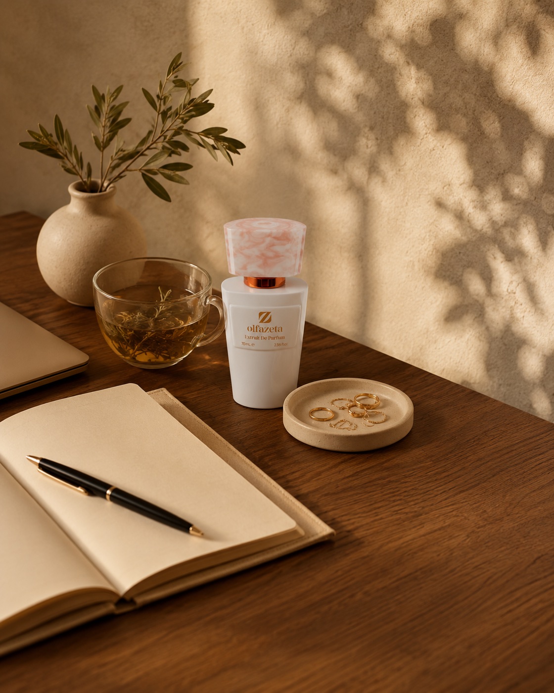AURÉA, dein eigener Weg als Chogan-Partner: eleganter Schreibtisch mit Parfum, Notizbuch und Tee